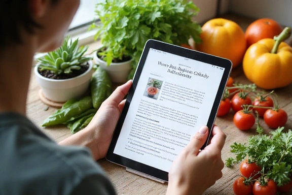 Una persona che legge un articolo su un tablet circondata da ingredienti freschi e piante, simbolo di nutrizione e sostenibilità.