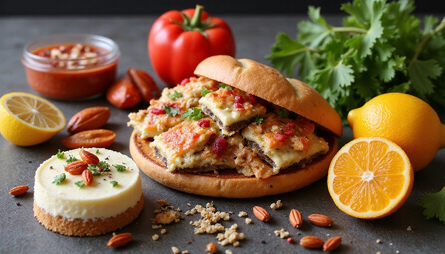 Una composizione artistica di alimenti sani e gustosi, come frutta fresca, verdure colorate, spezie esotiche e un piccolo dessert, che rappresentano l'equilibrio tra gusto e benessere.