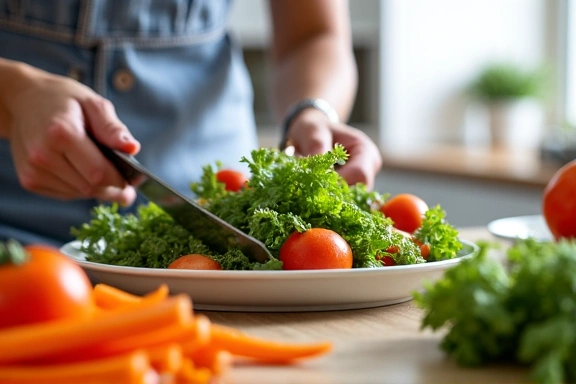 Una persona che prepara un'insalata fresca e colorata, con verdure di stagione, in una cucina moderna e luminosa.