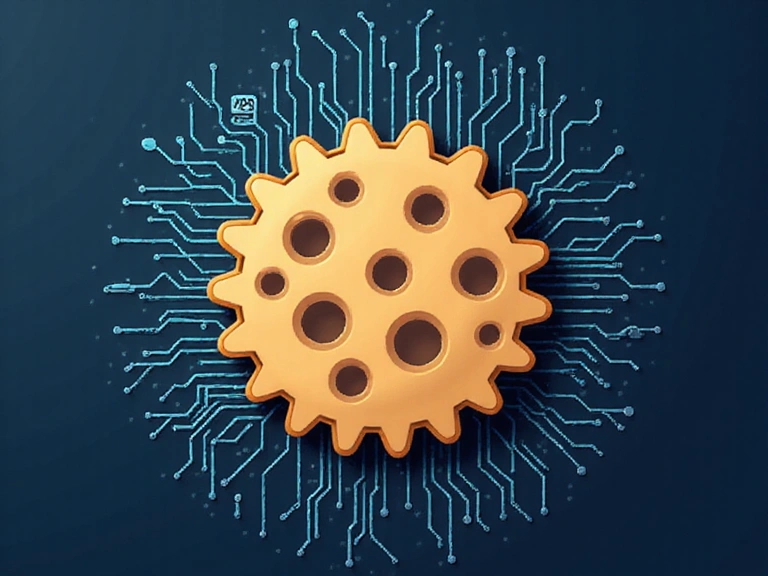 Immagine che rappresenta un biscotto stilizzato, simbolo dei cookie digitali, con ingranaggi e circuiti sullo sfondo.