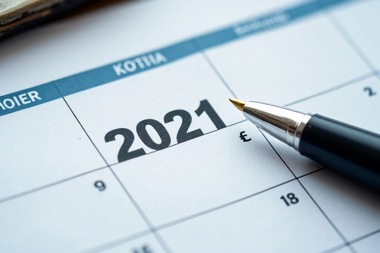 Calendario con una data evidenziata e una penna, simboleggiante aggiornamenti e revisioni